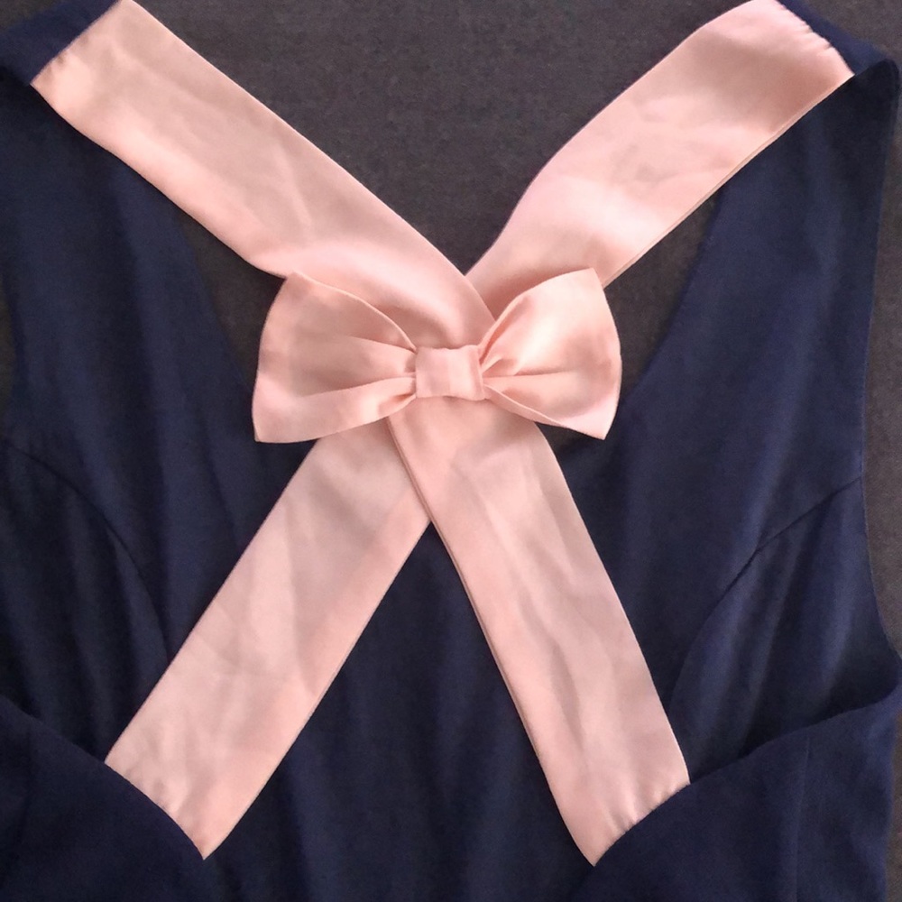 Boutique mini dress cross back, navy with satin pink bow Size M, french designer